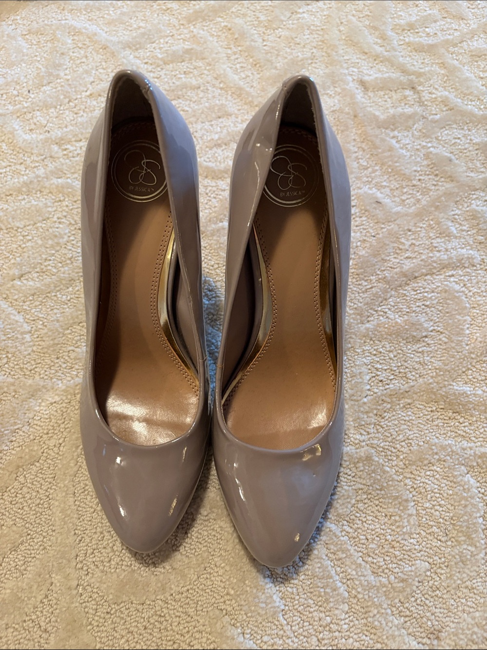 Jessica Simpson Taupe Patent Pointed-Toe Pumps